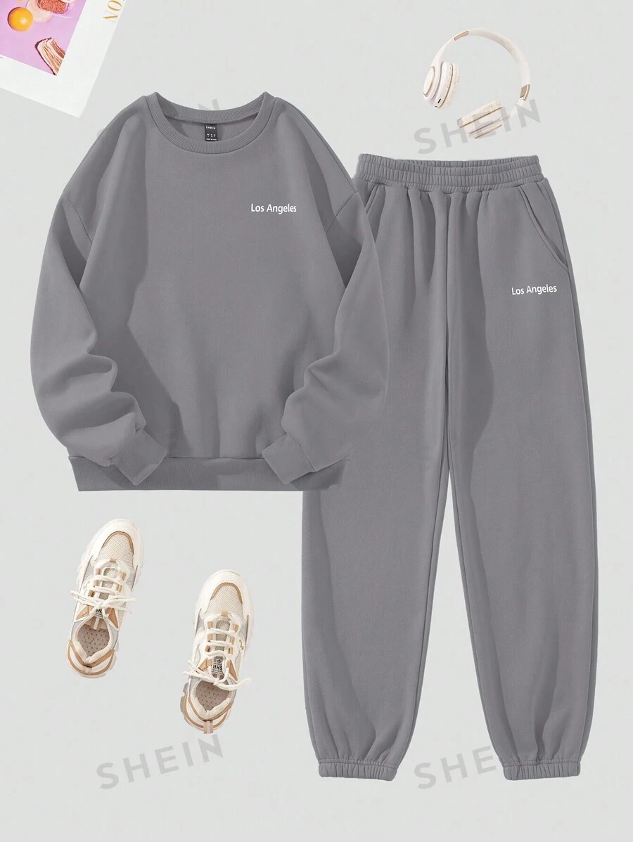 Flirla 2 Piezas Conjunto Informal De Sudadera Con Capucha Y Pantalón De Chándal De Forro Polar Con Estampado De Letras