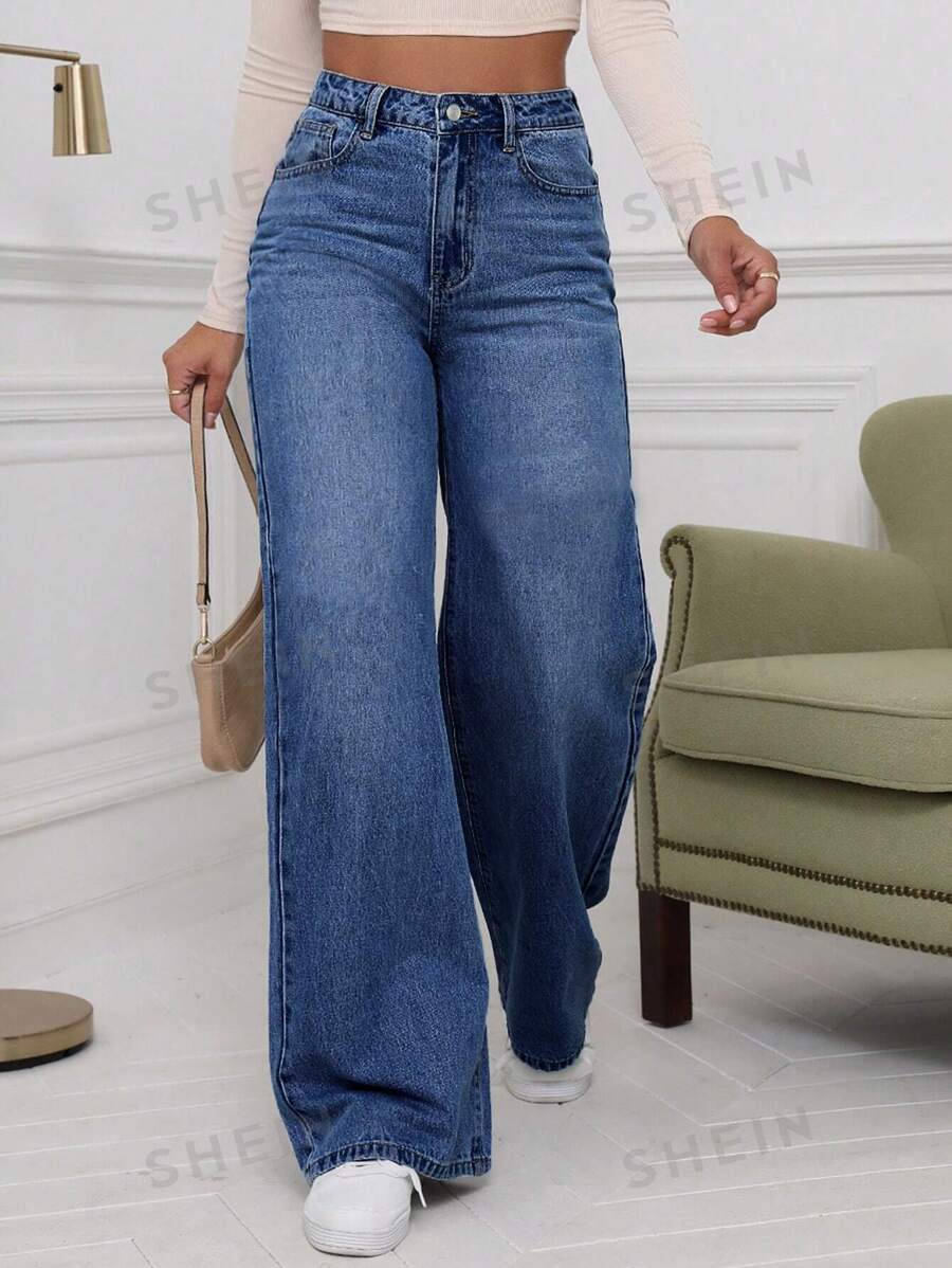 SHEIN Privé Pantalones Vaqueros Anchos De Pierna Ancha Y Suelto Para Mujer De Color Sólido