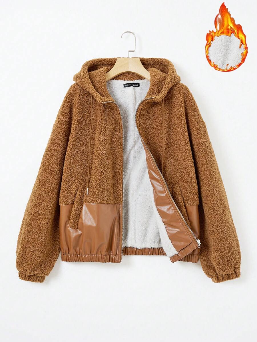 SHEIN EZwear Drop Shoulder Drawstring Hooded Teddy Jacket