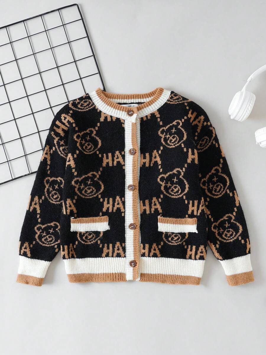 SHEIN Cárdigan Color Block Con Estampado De Letras Y Estampado De Oso Para Niño Pequeño Con Ribete De Canalé