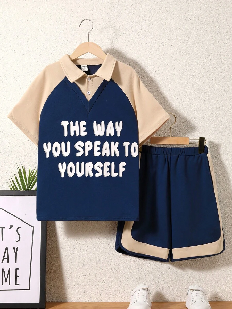 SHEIN Tween Boys' Loose-Fit College Letter Print Turn-Down Collar 2 In 1 T-Shirt And Shorts Set
