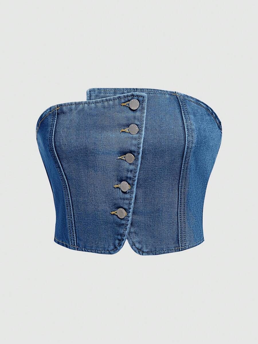 SHEIN MOD Button Front Tube Denim Top