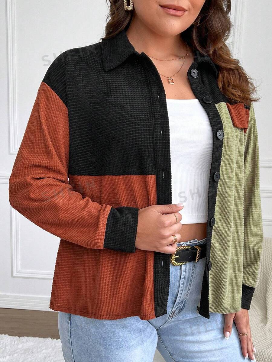Franclia Chaqueta De Talla Grande Para Mujer Con Solapa De Bloque De Color