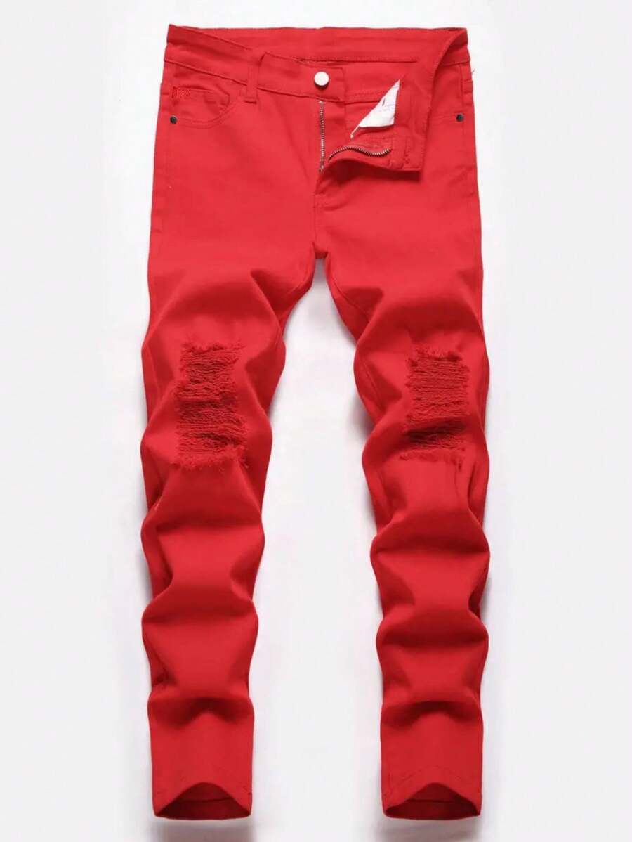 Tween Boys' Casual Solid Color Ripped Denim Jeans