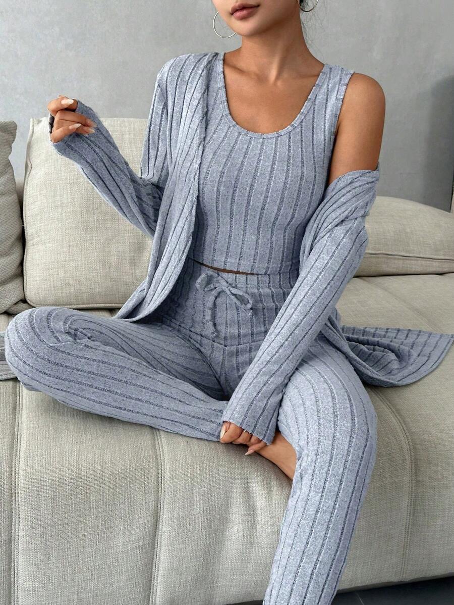 Ladies' Solid Color Rib Knit Tank Top, Long Pants And Cardigan Three-piece Set For Home