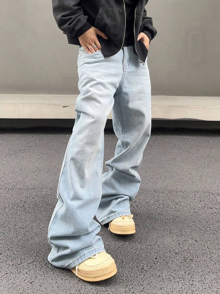 Manfinity Hypemode Men's Solid Color Wide Leg Denim Jeans With Slanted Pockets Baggy Long Washed Flare Jean Cargo Plain Light Blue Party Street Wear Rapper