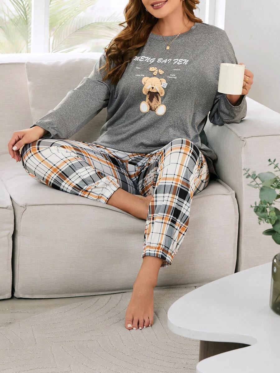 Conjunto De Pijama De Talla Grande Con Patrón De Oso De Dibujos Animados, De Manga Larga Y Pantalón Largo