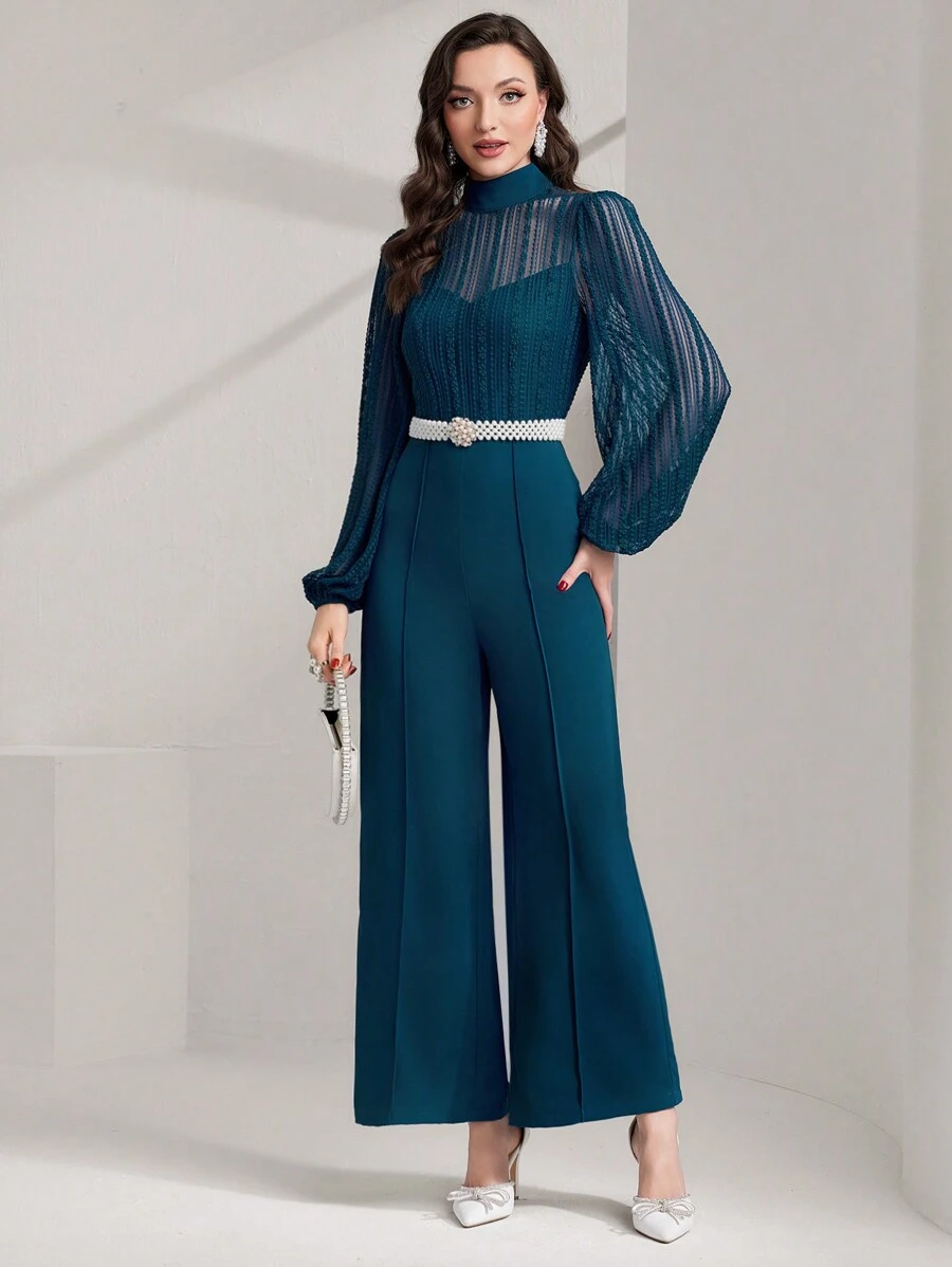 Modelyn Women's Mesh Contrast Half High Neck Lantern Sleeve Wide Leg Jumpsuit (Belt Not Included)
