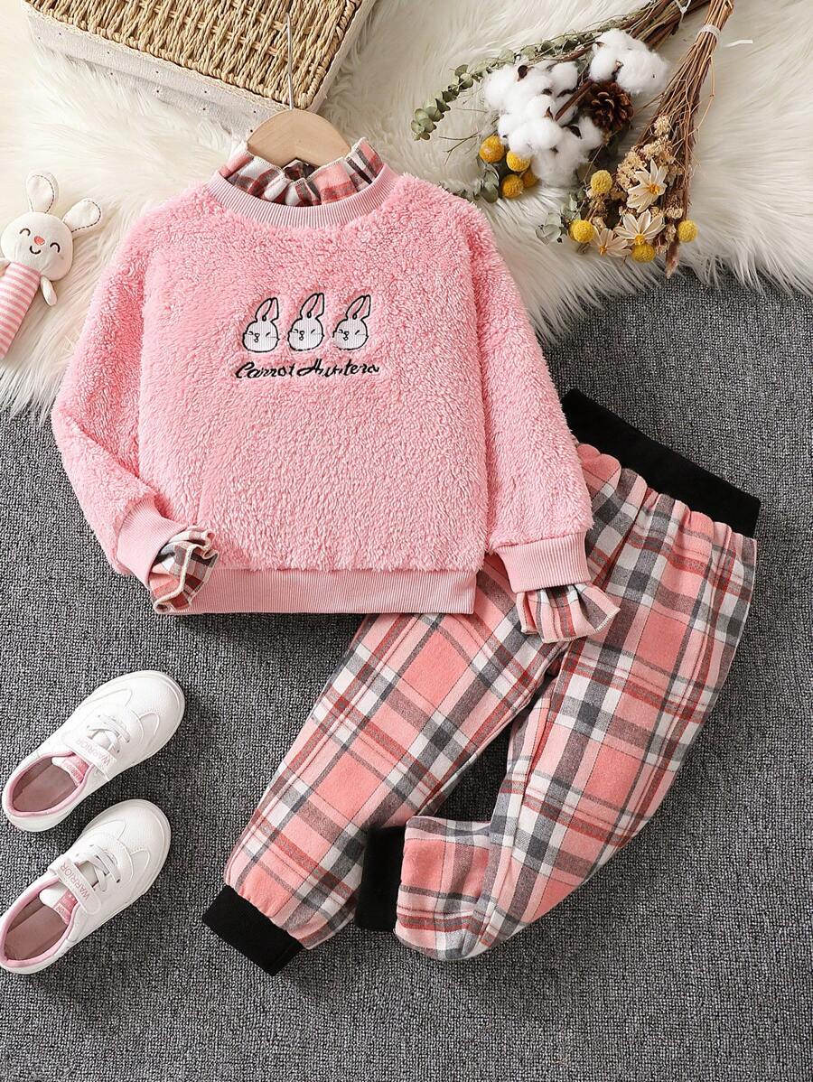 SHEIN Lässiges Und Warmes 2-teiliges Set Mit Plüschhasen-design Für Kleinkinder Und Mädchen Für Herbst Und Winter