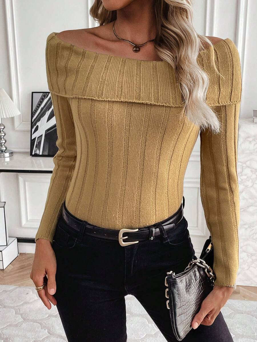 SHEIN LUNE Women'S Off-Shoulder Ribbed Sweater