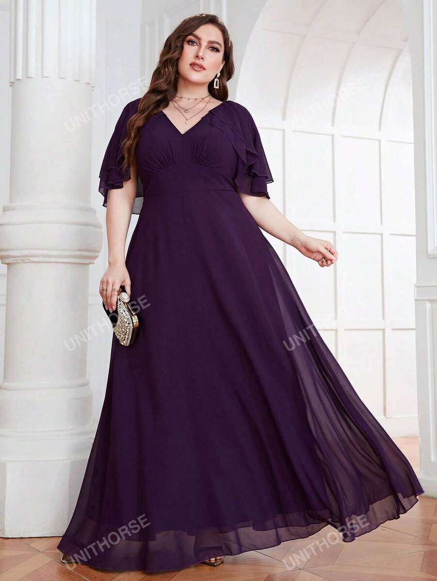 UNITHORSE UNITHORSE Plus Size Women Chiffon Bridesmaid Dress With Ruffle Sleeve, Birthday Women Outfits, Graduation Dress, Formal Dress