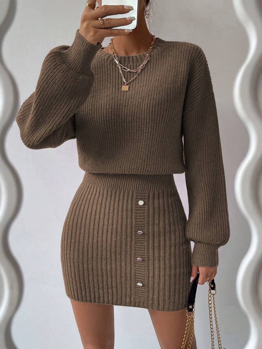 SHEIN LUNE Women's Solid Color Knitted Shirt Collar Dress With Button Detail & Cinching Waist