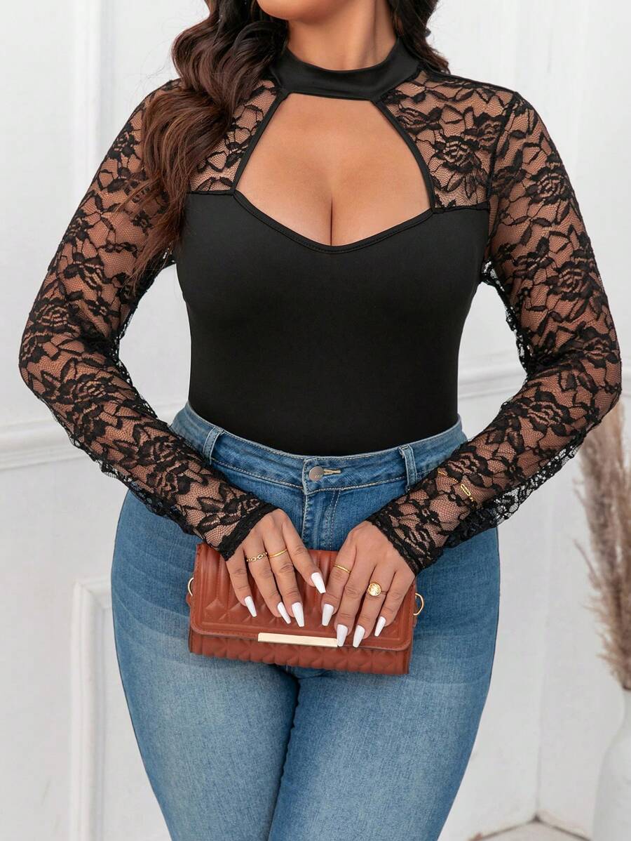 Calvaya Plus Size Lace & Mesh Panel Soft Knit Stand Collar Bodysuit, Suitable For Evening Parties & Going Out