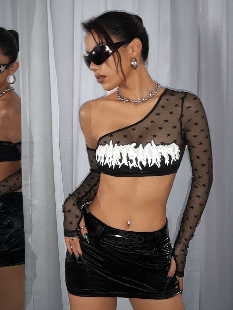 SHEIN ICON Motorcycle Speed Printed Mesh Splicing One Shoulder Top