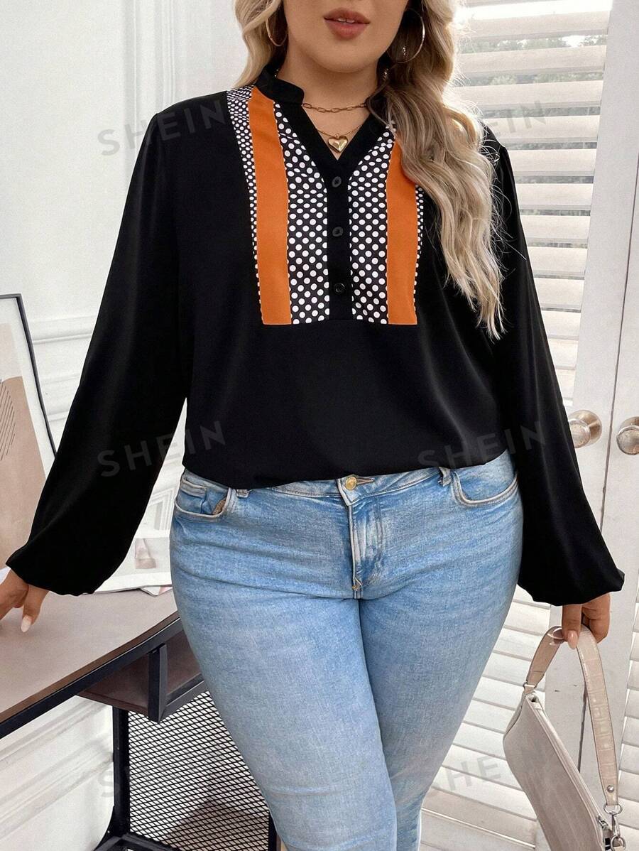 SHEIN LUNE Camisa De Cuello En V Con Muesca Y Color Bloqueado