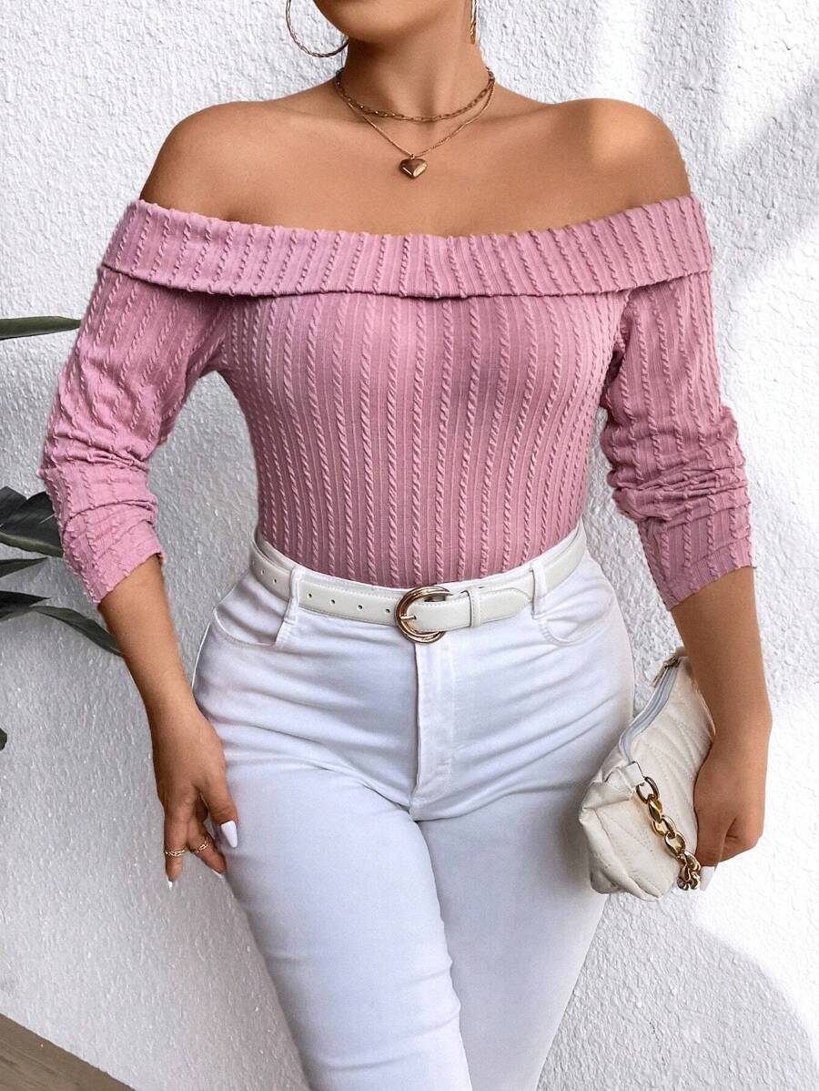 Celure Plus Size Solid Color Off Shoulder T-Shirt