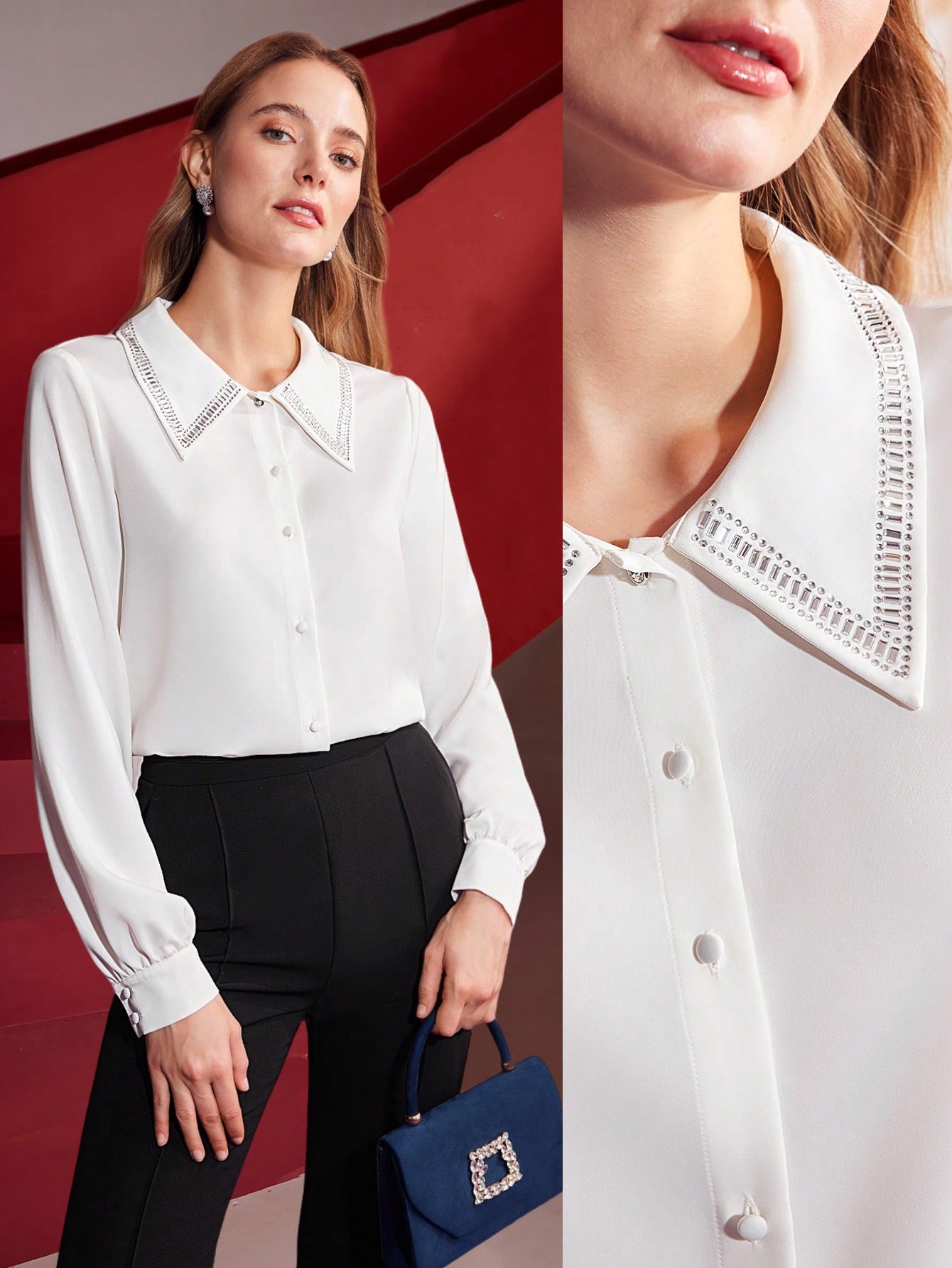 RHINESTONE COLLAR BUTTON-UP SHIRT｜Motf