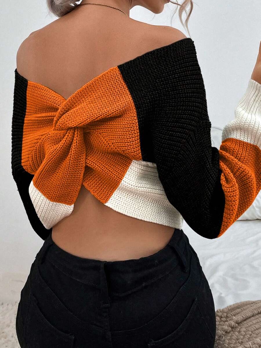 VaVaBold Jersey de punto con hombros descubiertos y espalda contrastante, tops de manga larga