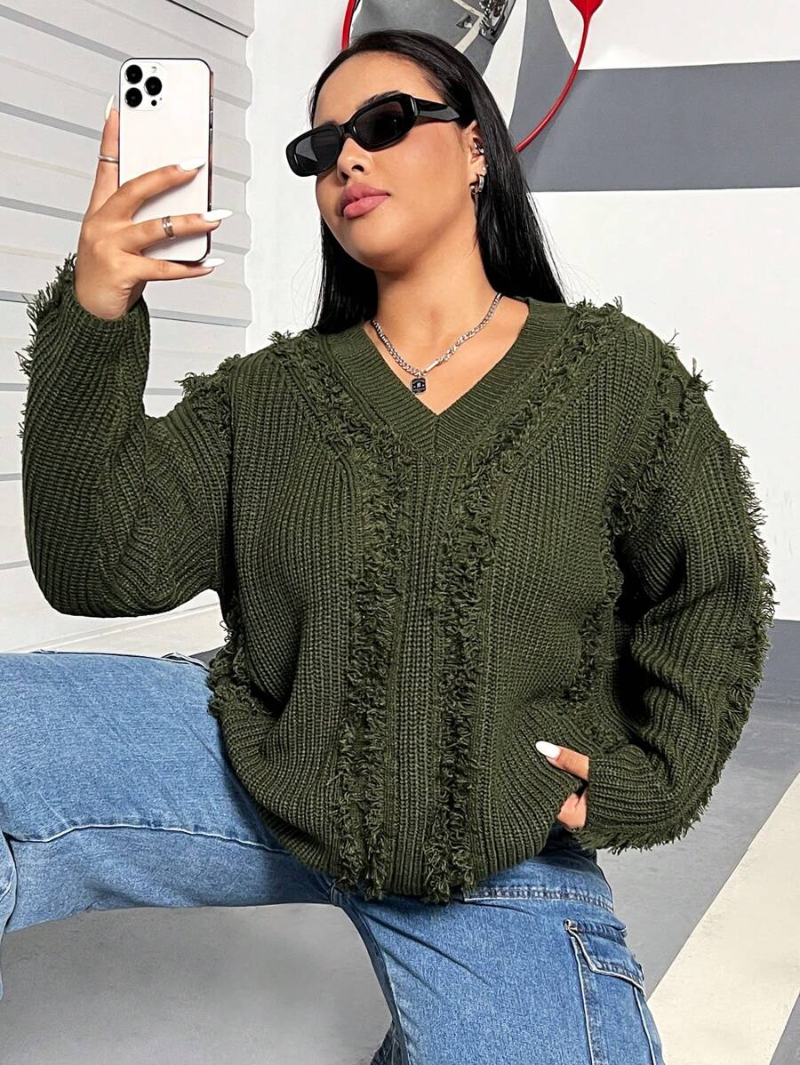 Flirla Plus Size Women'S Loose Fit Drop Shoulder Sweater