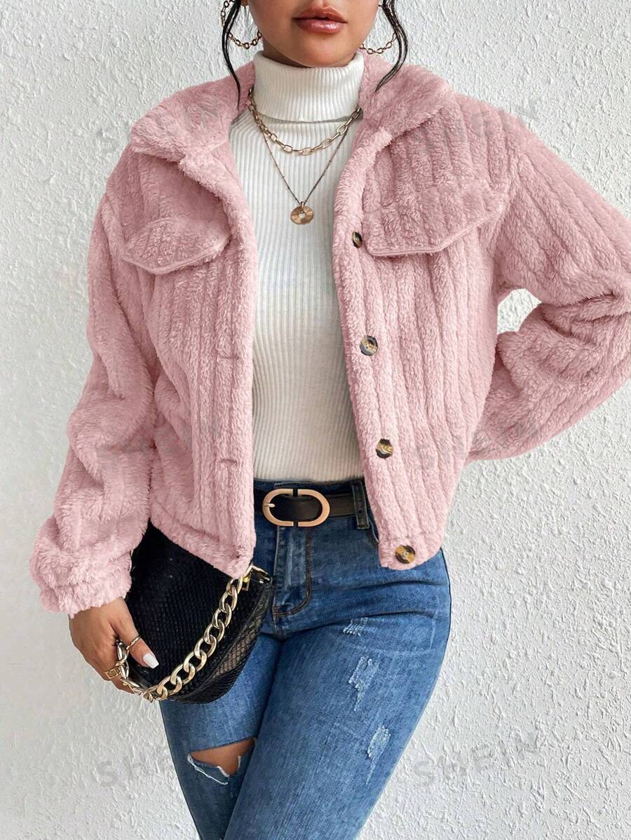 SHEIN LUNE Chaqueta de peluche de unicolor, chaqueta suelta para mujer de caída tardía con botones casuales, bolsillos y cuello suelto, color rosa liso, para uso diario casual
