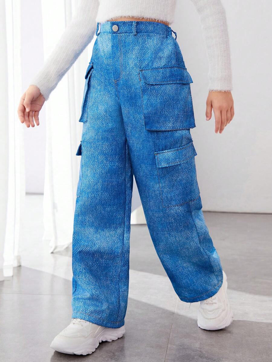 SHEIN 少女运动甜美风牛仔效果编织直筒裤