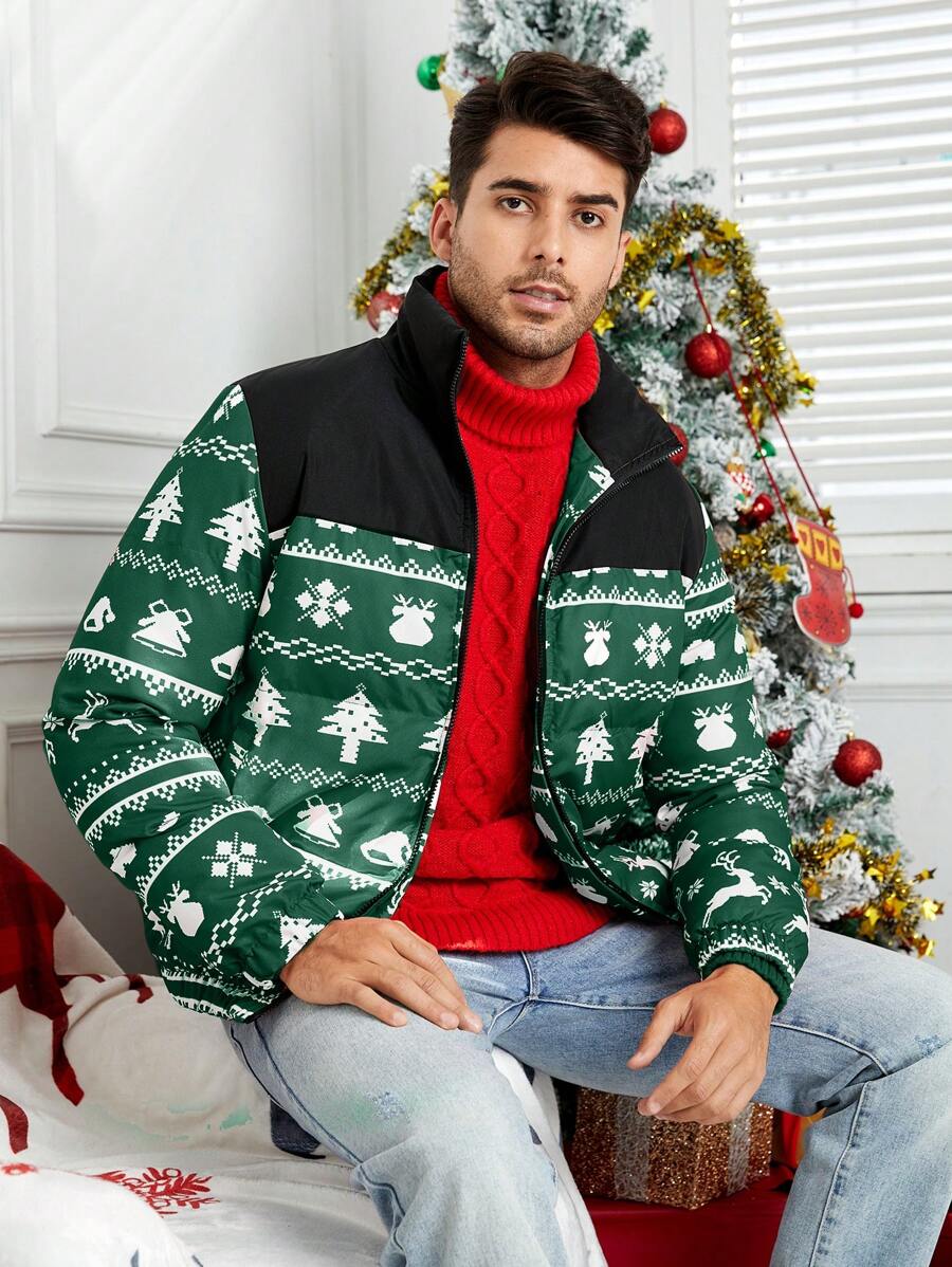 Manfinity VCAY Veste casual matelassée en tricot à imprimé sapin de Noël, coupe ample pour homme