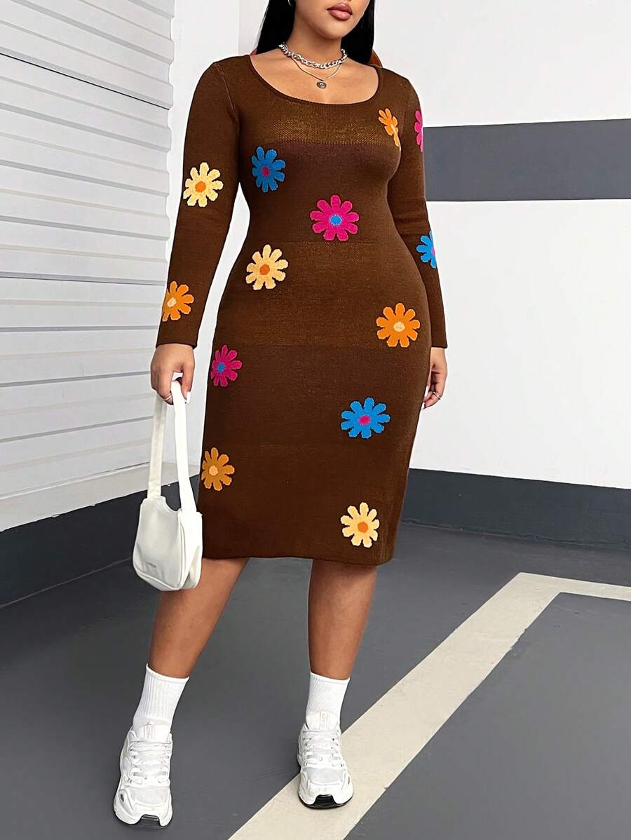 Flirla Plus Size Floral Patterned Sweater Dress With Large Round Neckline