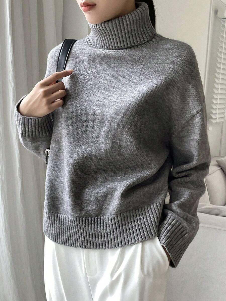 DAZY High Neck Drop Shoulder Sweater Pullover,Long Sleeve Tops