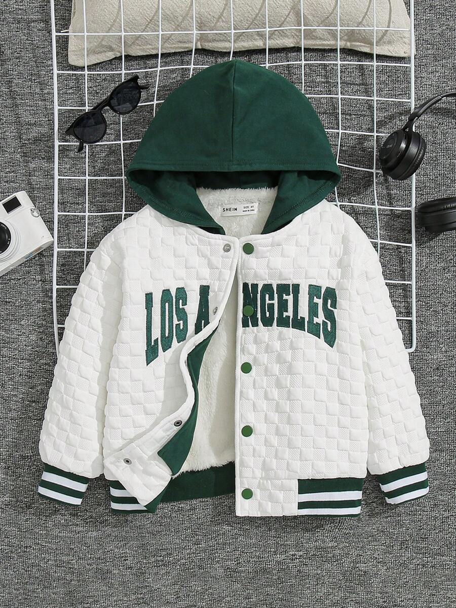 SHEIN Toddler Boys' Casual Comfortable English Embroidery Pattern Color Block Hooded Fleece Jacket