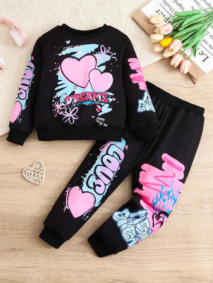 SHEIN Young Girl Graffiti Printed Sweatshirt And Pants Set, Autumn Sports 2pcs