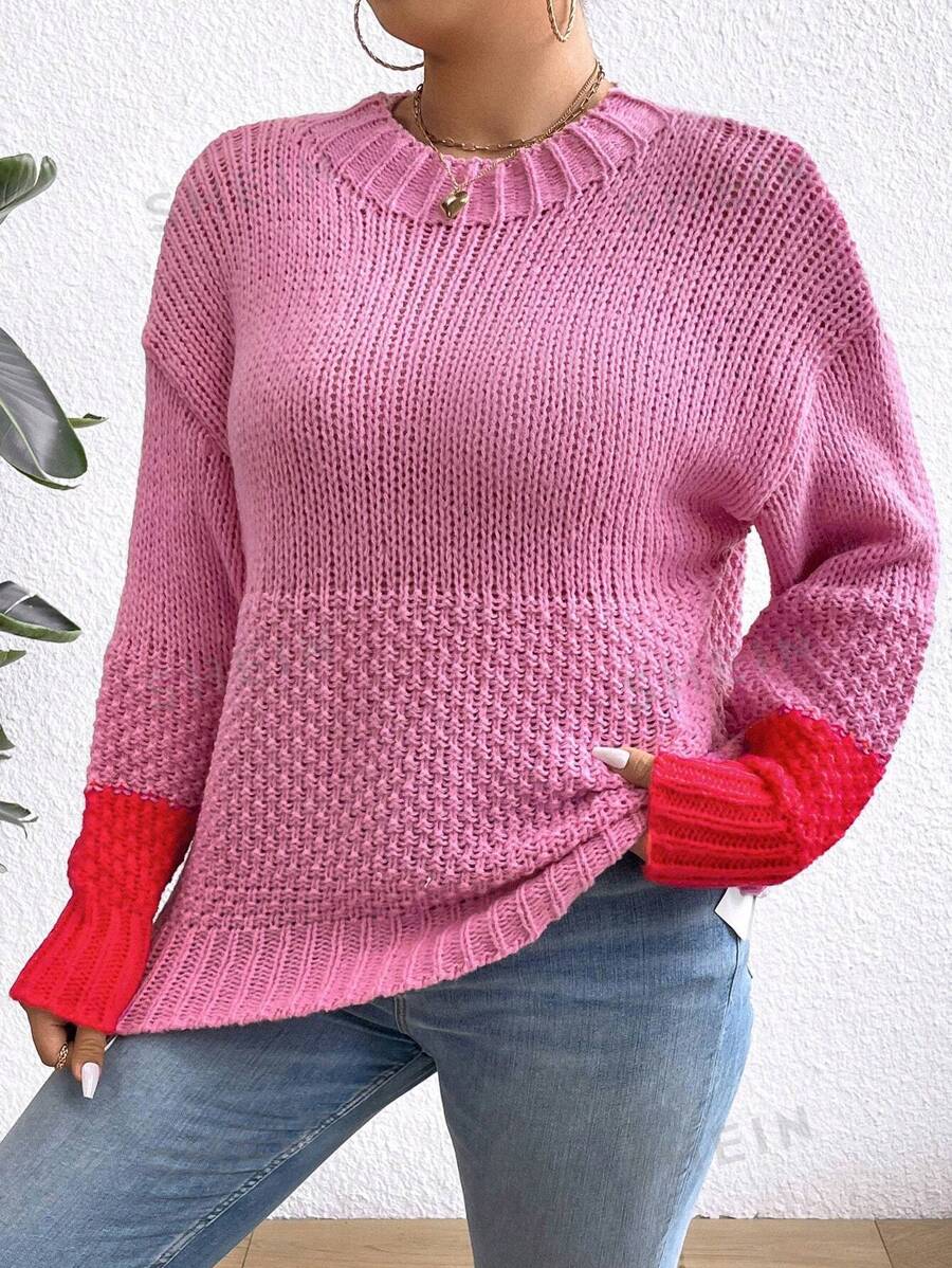 Celure Jersey De Talla Grande Para Mujer Con Cuello Redondo, Bloque De Color Y Hombro Caído