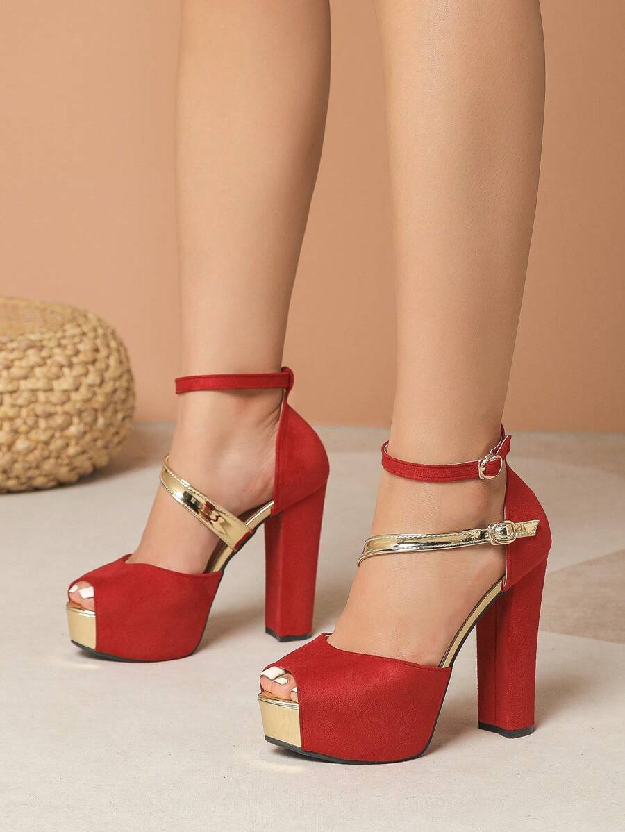Women's Fashion High Heel Sandals With Buckle Design, Metallic Style, Comfortable Like Scarf, New 2025 Model, Sexy For Nightclub Party, Plus Size Round Toe 12.5CM High Heel Platform Sandals, Red