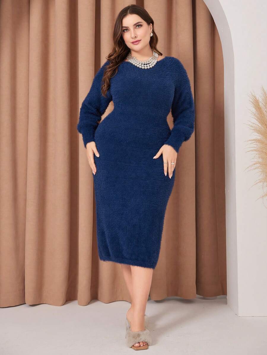 Modelyn Women's Plus Size Plain Round Neckline Waist-Collecting Sweater Dress