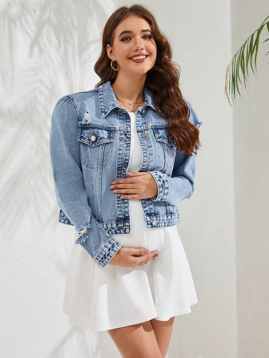 Maternity Bubble Sleeve Denim Jacket