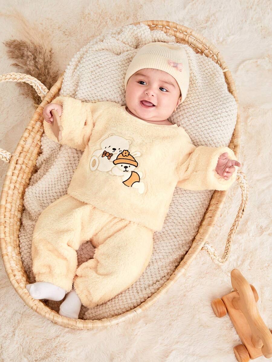 Baby Boy Cartoon Embroidery Raglan Sleeve Teddy Sweatshirt & Pants