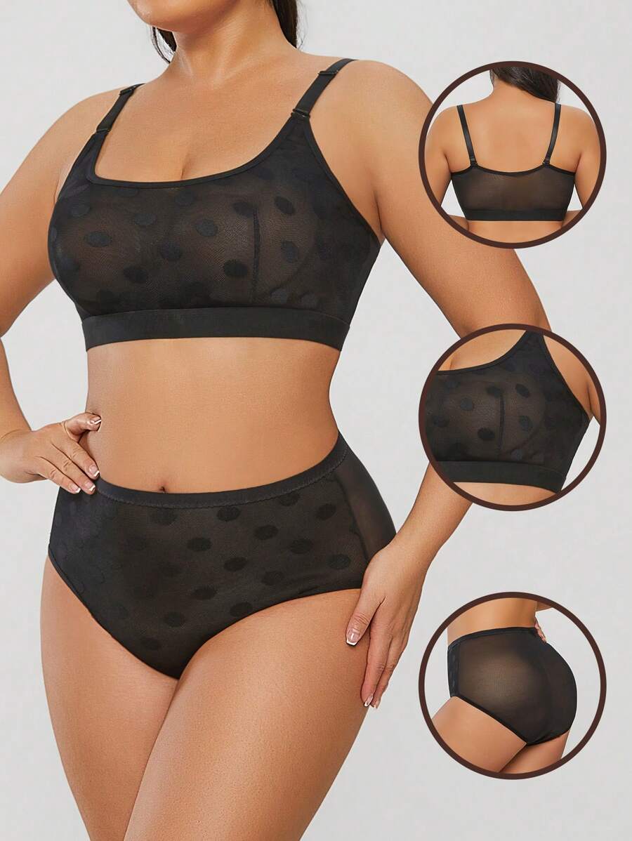 Plus Size Women's Polka Dot Sheer Mesh Bodycon Set