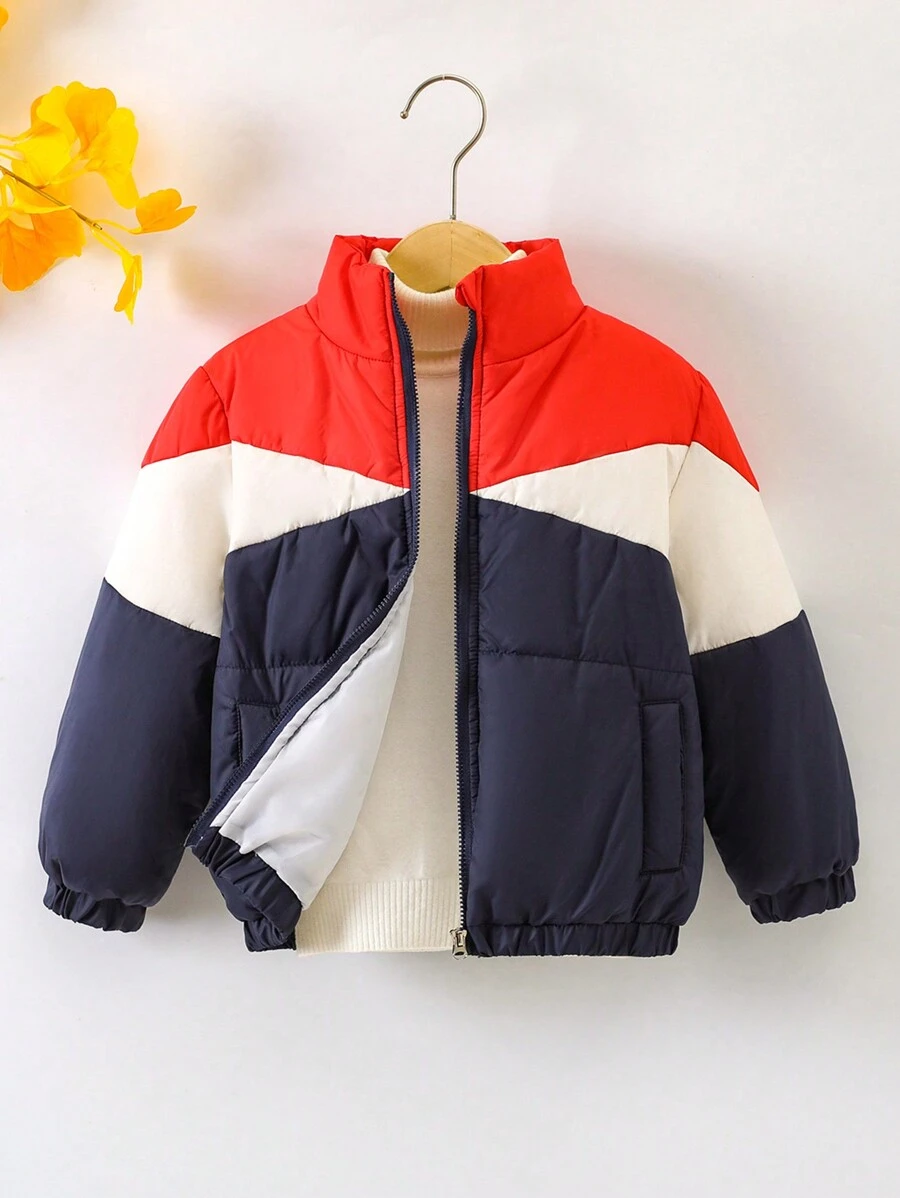 SHEIN Mädchen Lässiger Farbblock Stehkragen Reißverschluss Jacke Mit Dickerem Material
