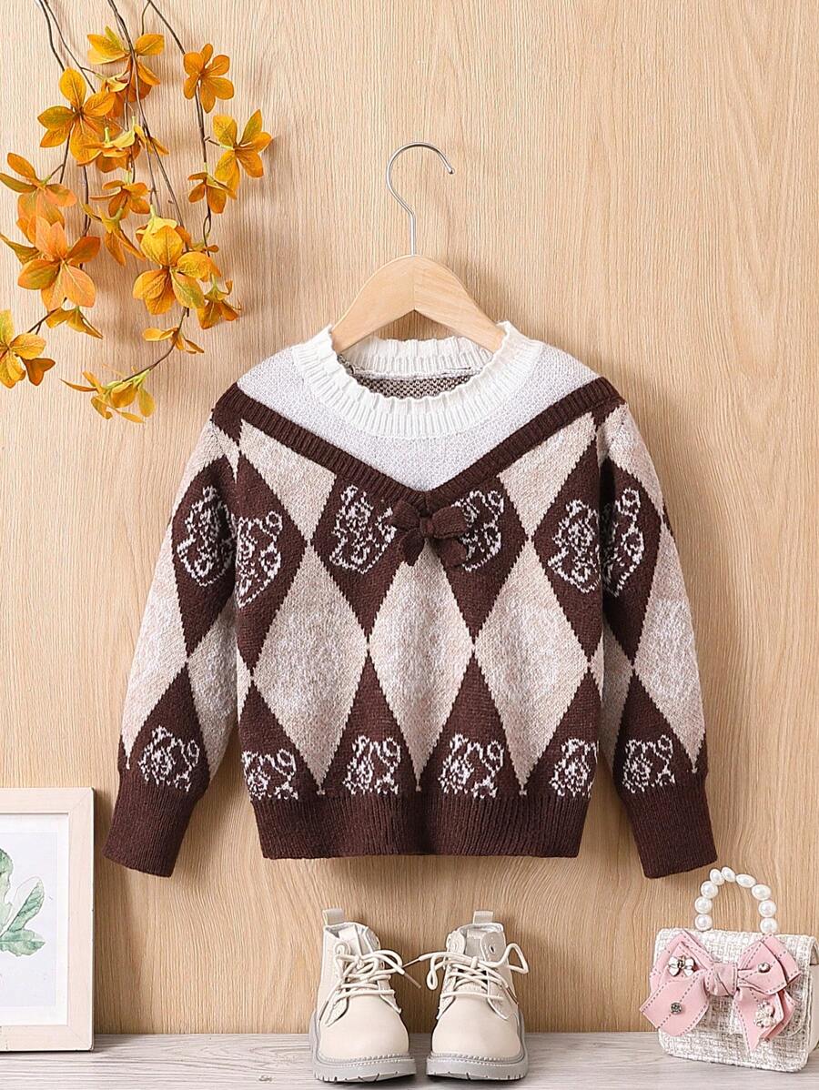 SHEIN Girls' Diamond Pattern Color Block Sweater