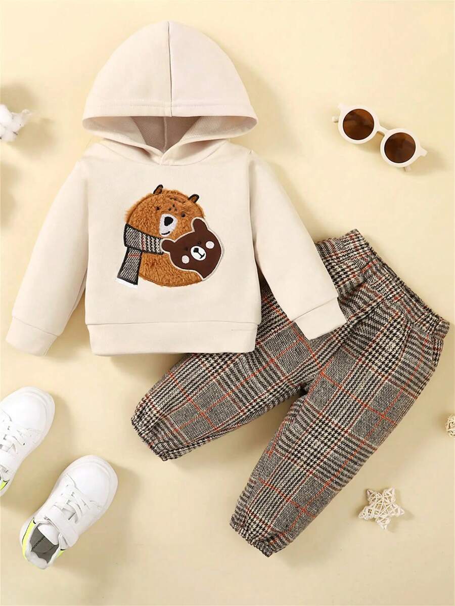 Bimbo con stampa orso Felpa con cappuccio & a quadri Pantaloni