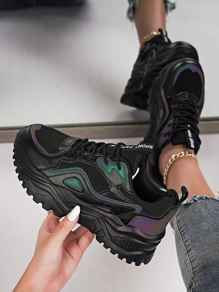 Women's Outdoor Casual Chunky Sneakers With Thick Sole, Chunky Shoes Style, Black