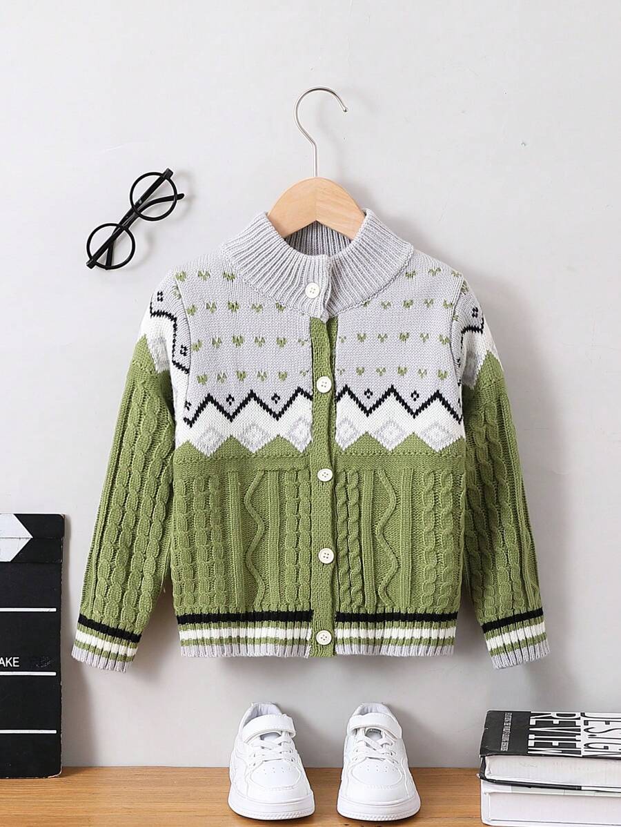 SHEIN Boys' Colorblock Geometric Pattern Button-front Cardigan