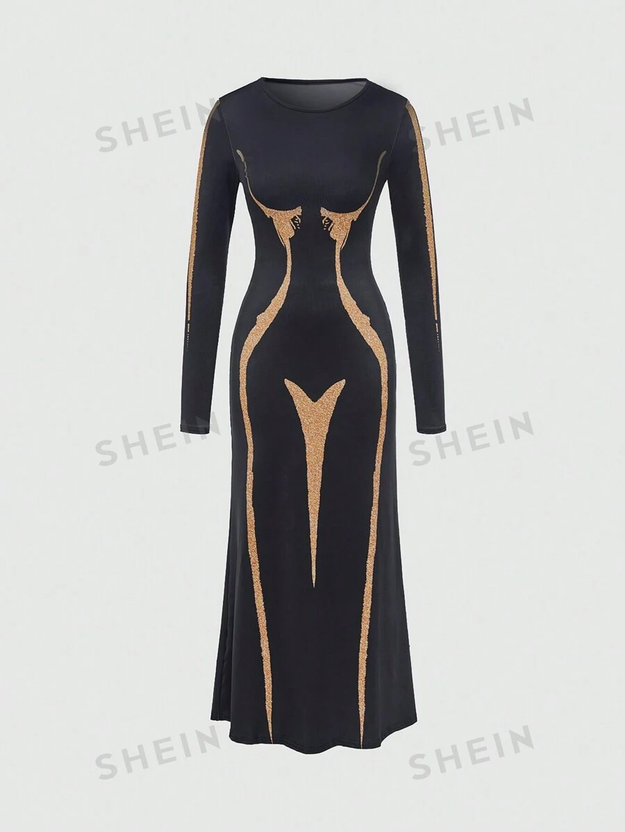 SHEIN Unity Vestido Impreso 3d Femenino De Ajuste Delgado Con Diseño De Cuerpo