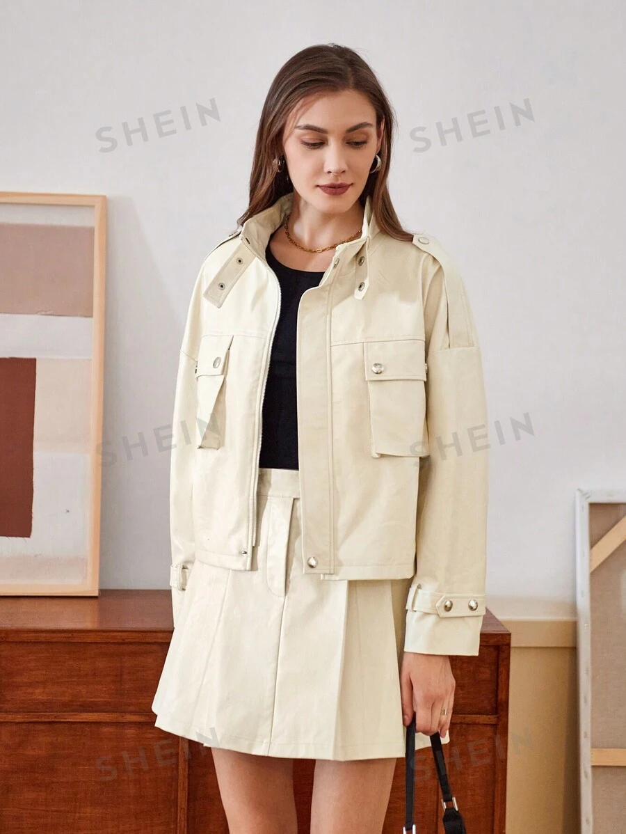 SHEIN MOOSTA Conjunto De Chaqueta De Hombro Caído Y Falda Para Mujer Con Bolsillos Con Solapa