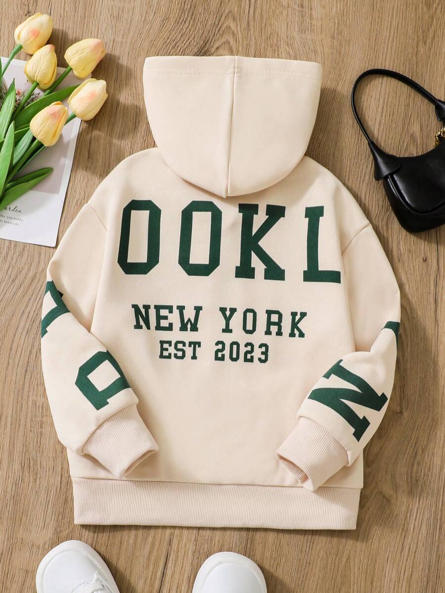 SHEIN Moletom Com Capuz E Estampa De Carta Para Meninas Com Detalhes, Adequado Para O Outono