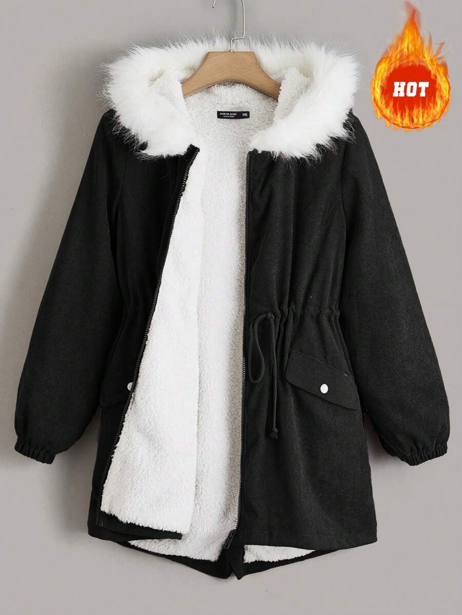 SHEIN EZwear Manteau parka à capuche avec taille à cordon et garniture en fourrure, pour l'hiver