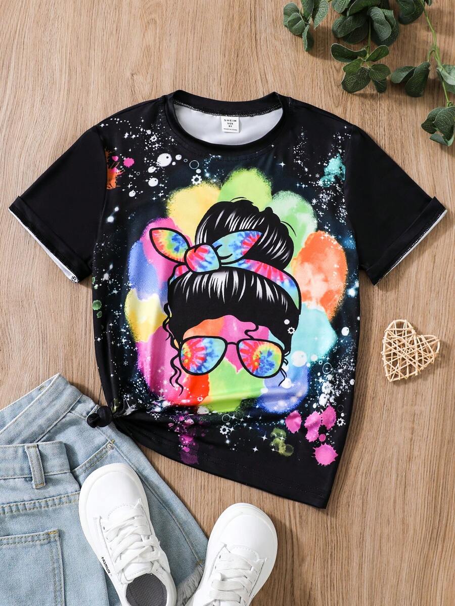 SHEIN Tween Girls Colorful Pattern Round Neck T-Shirt