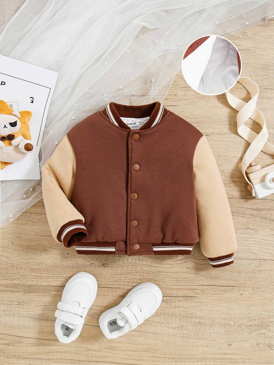 SHEIN Baby Girls' Casual Thermal Lined Color Block Baseball Jacket