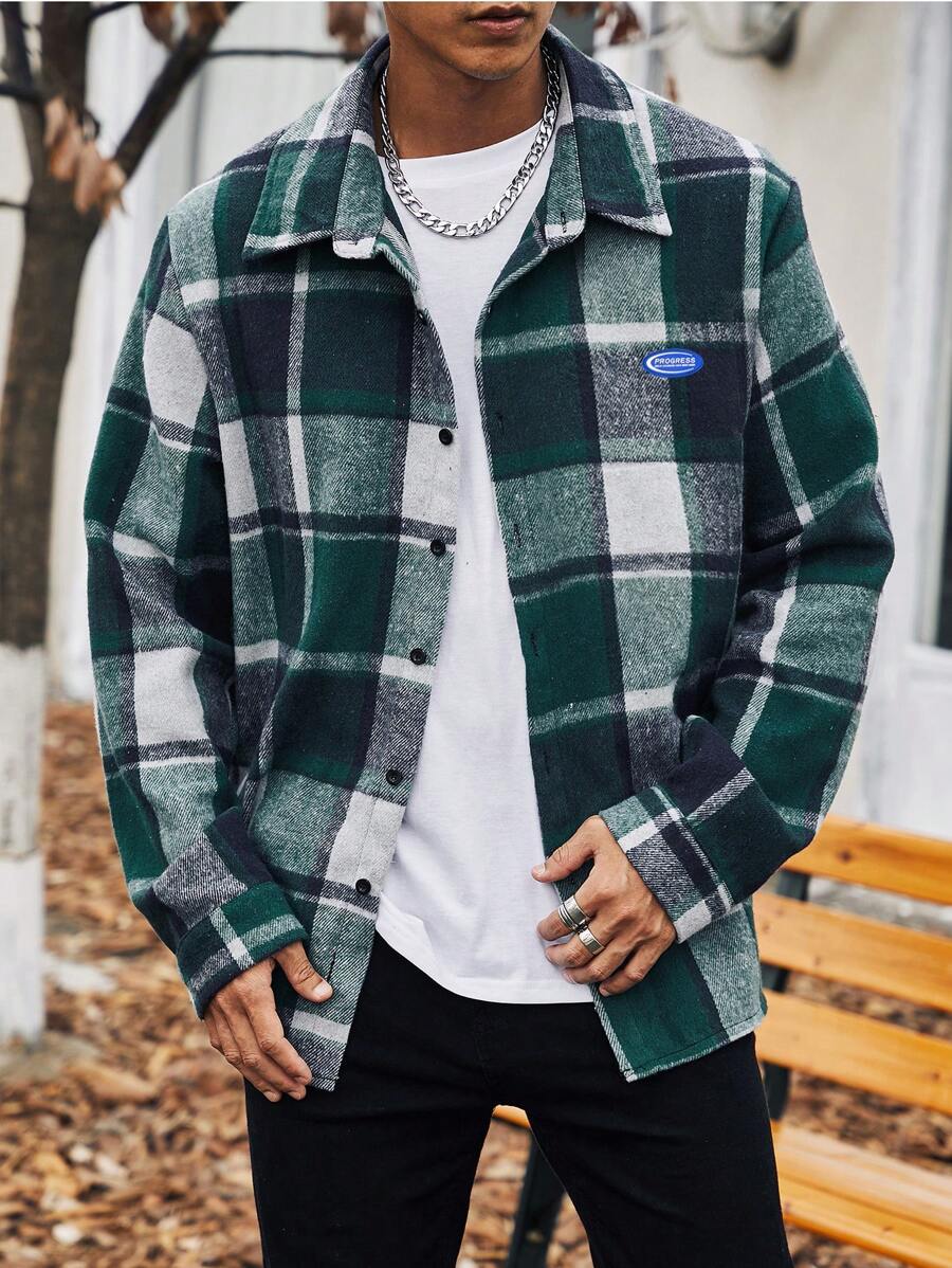 Manfinity Homme Men's Plus Size Plaid Woven Shacket With Letter Patches