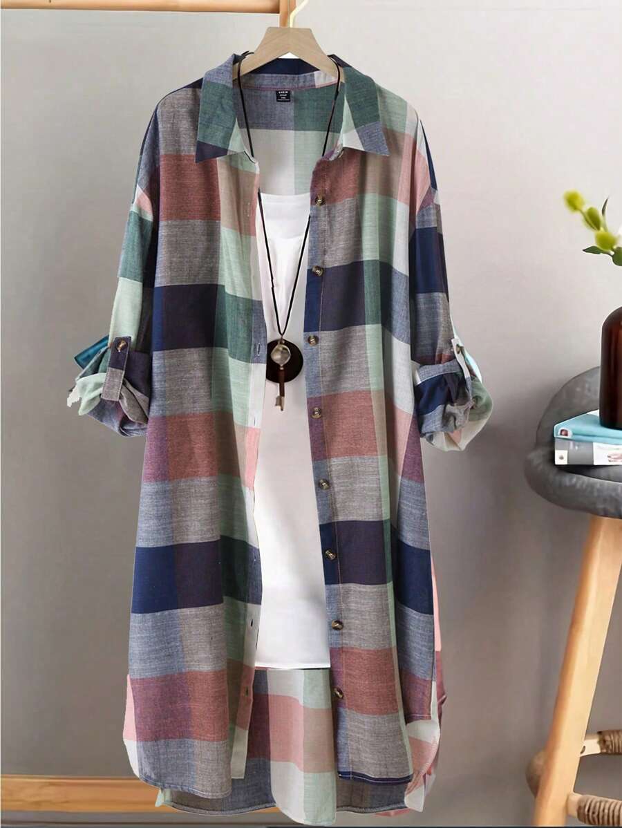 Linhara Plus Size Women's Striped Shirt Dress With Rolled-Up Sleeves