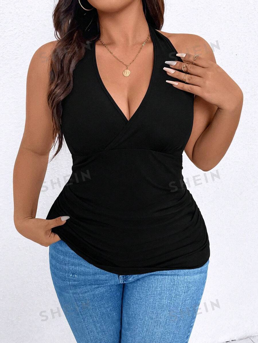 SHEIN Clasi Camiseta Sin Mangas Con Cuello Halter De Color Sólido De Talla Grande Para Mujer